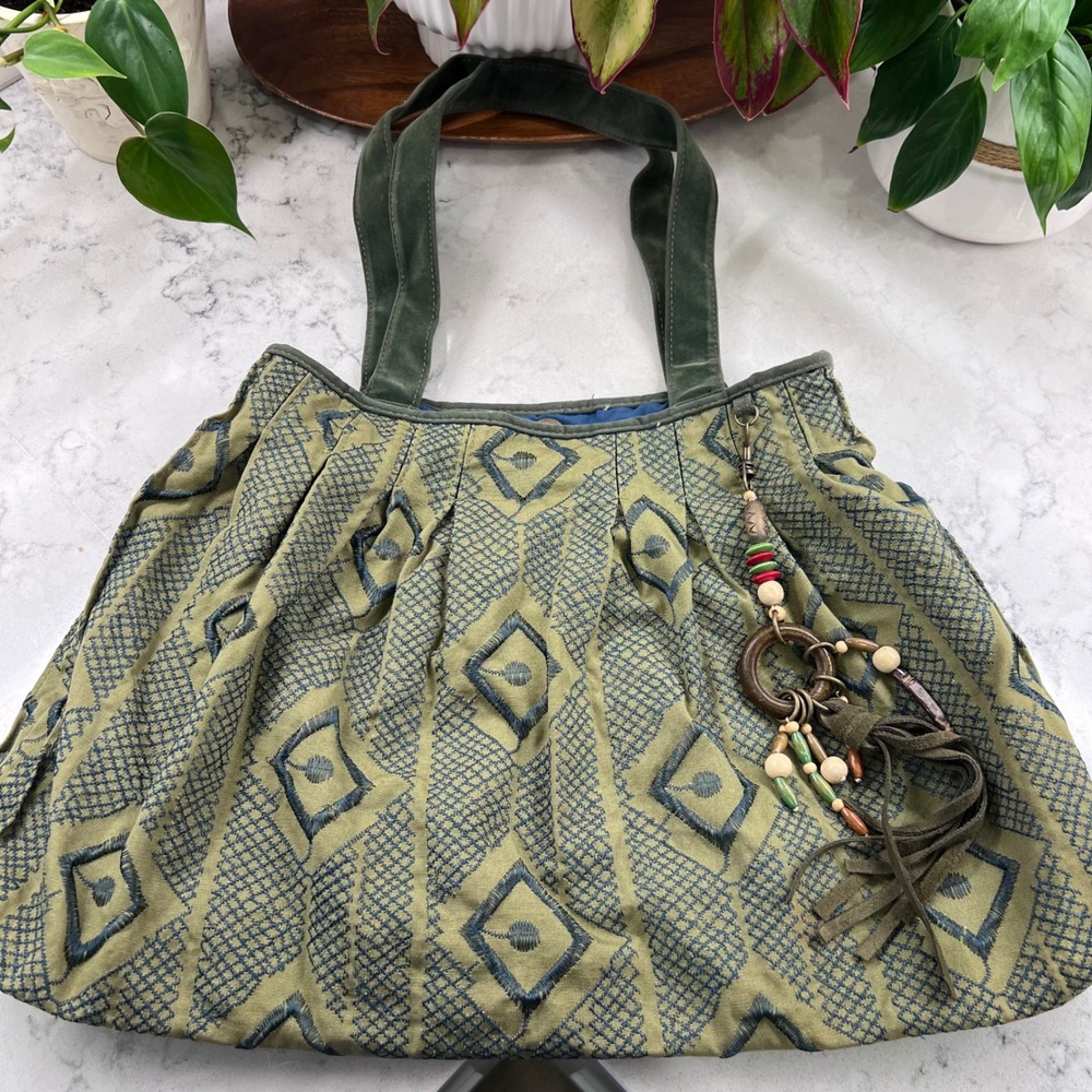 Boho Olive Green Geometric Woven Tote Bag with Beaded Tassel Charm